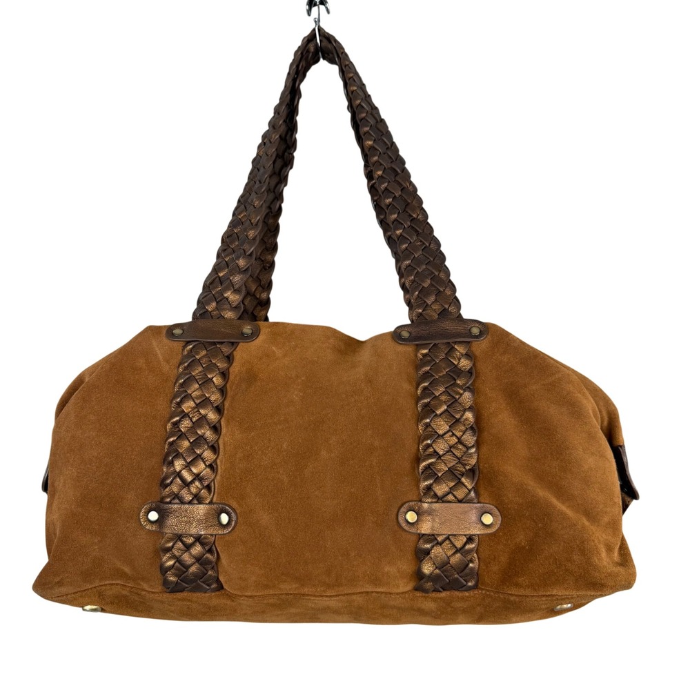Donald J Pliner Suede Leather Braided Shoulder Bag Brown Boho Luxe Slouchy Tote